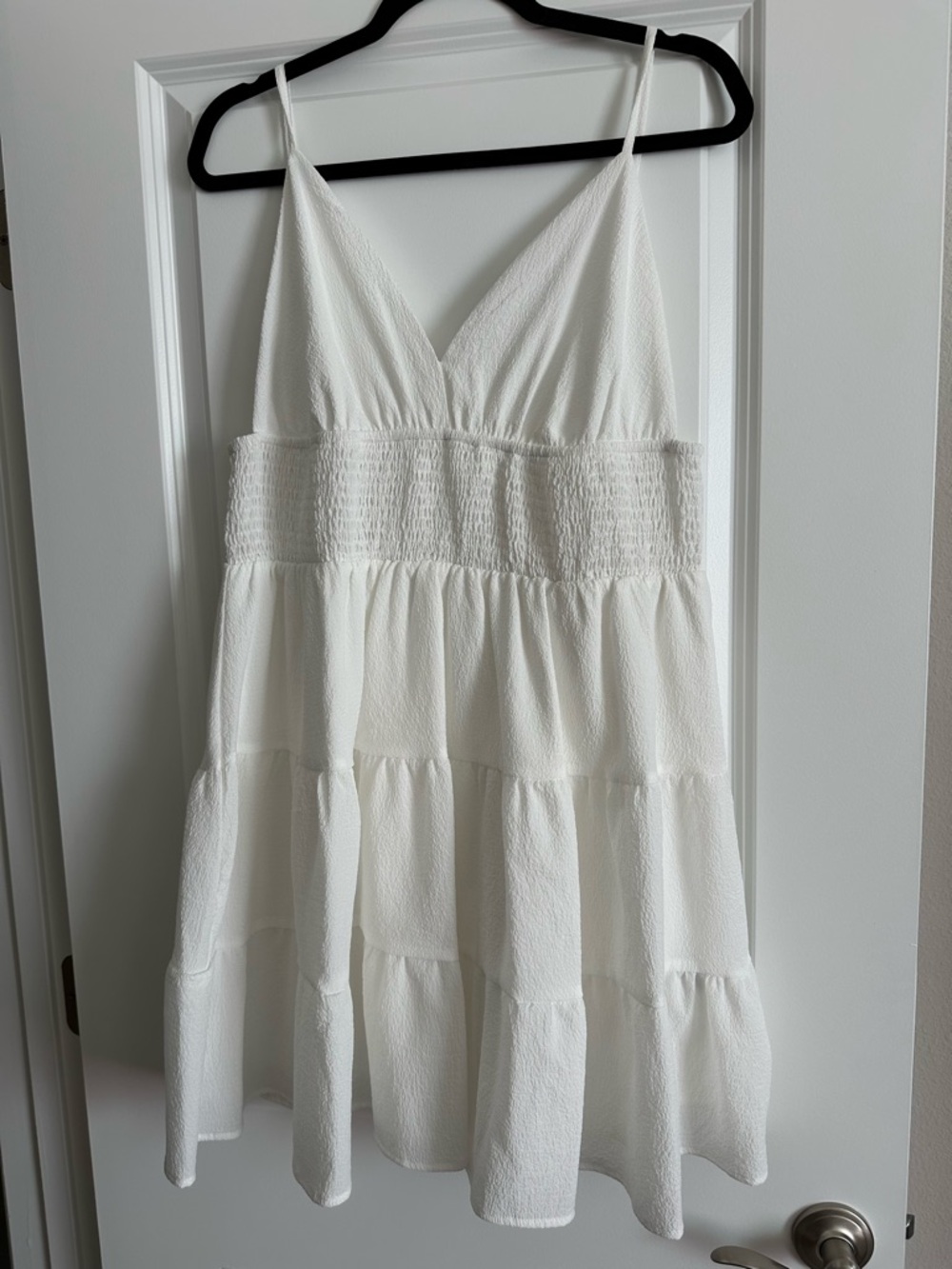 SHEIN White Textured Smocked Waist Spaghetti Strap Dress